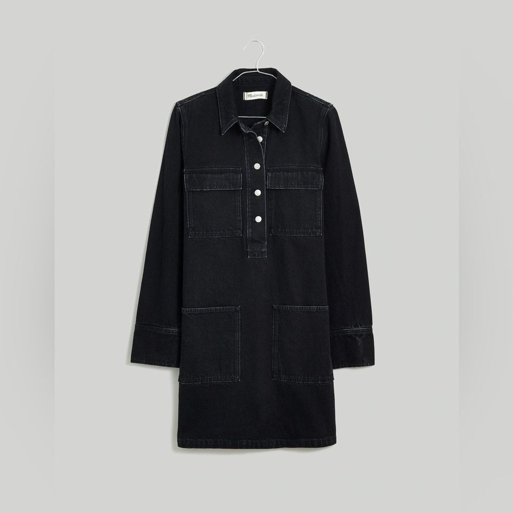 NWT Madewell Long Sleeve Denim Popover Mini Shirtdress in Clean Black Wash - Picture 6 of 10